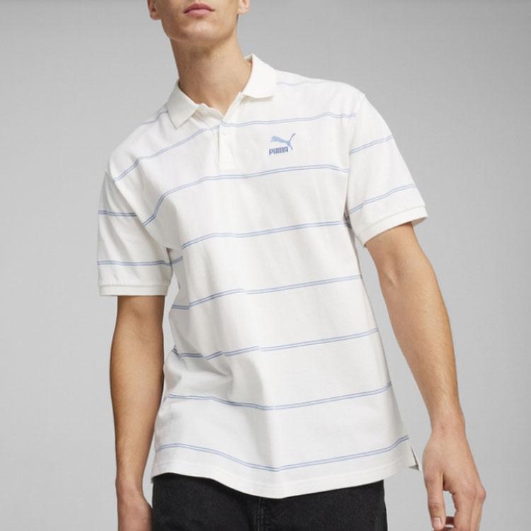 Puma Team Logo Letter Print Contrasting Stripe Comfortable Breathable Loose Casual Short Sleeve Polo Shirt Men Tops White 627122-02