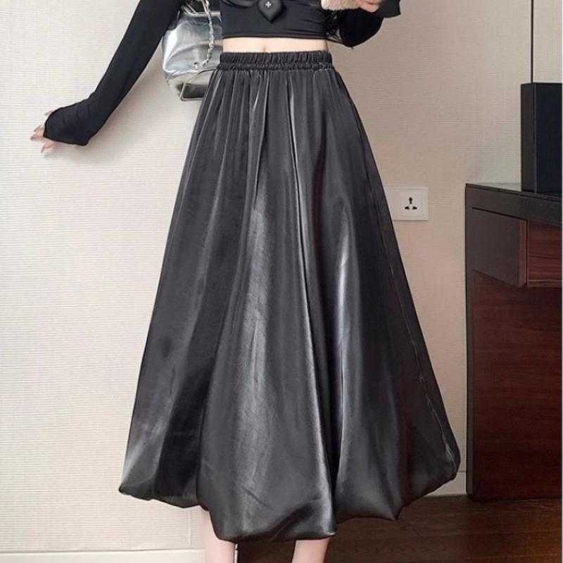 Women's Pink Half Skirt Spring Summer Autumn Mid-Length High-Waisted A-Line Luminous Tulle Skirt Pearlescent Puffy Bloom Skirt