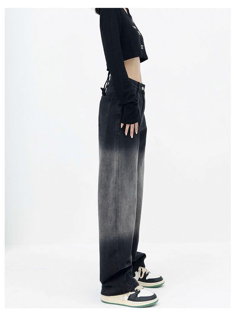 Birnenförmige High-Waist Schwarze Gradient Wide Leg Jeans für Damen - Schlankmachende Straight Leg Hose für Frühling und Herbst
