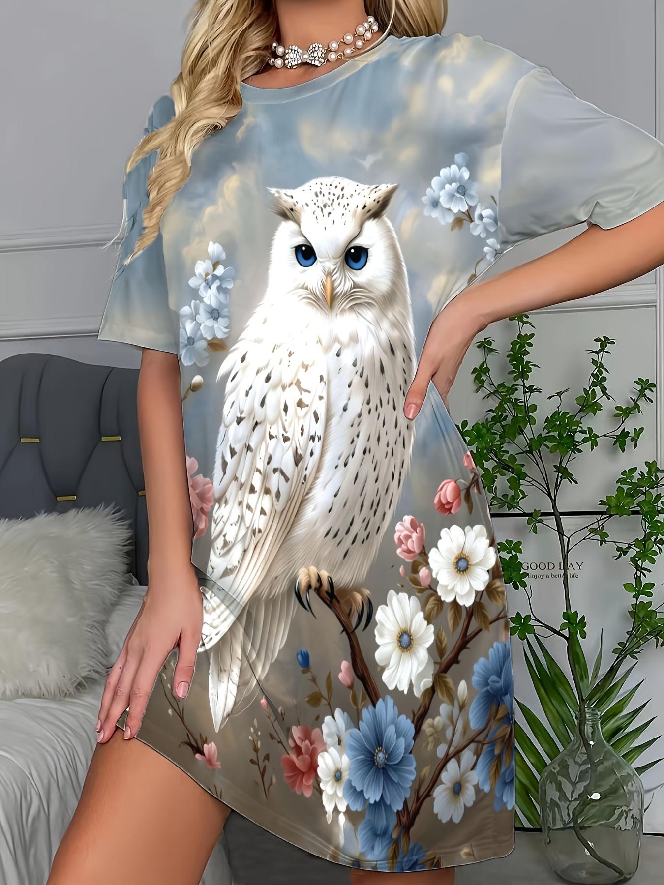 

Gradient Blue Background Forest-Themed Owl Floral Long T-Shirt Dress. a Cool Summer Dress for Women 9XL дубильна кора