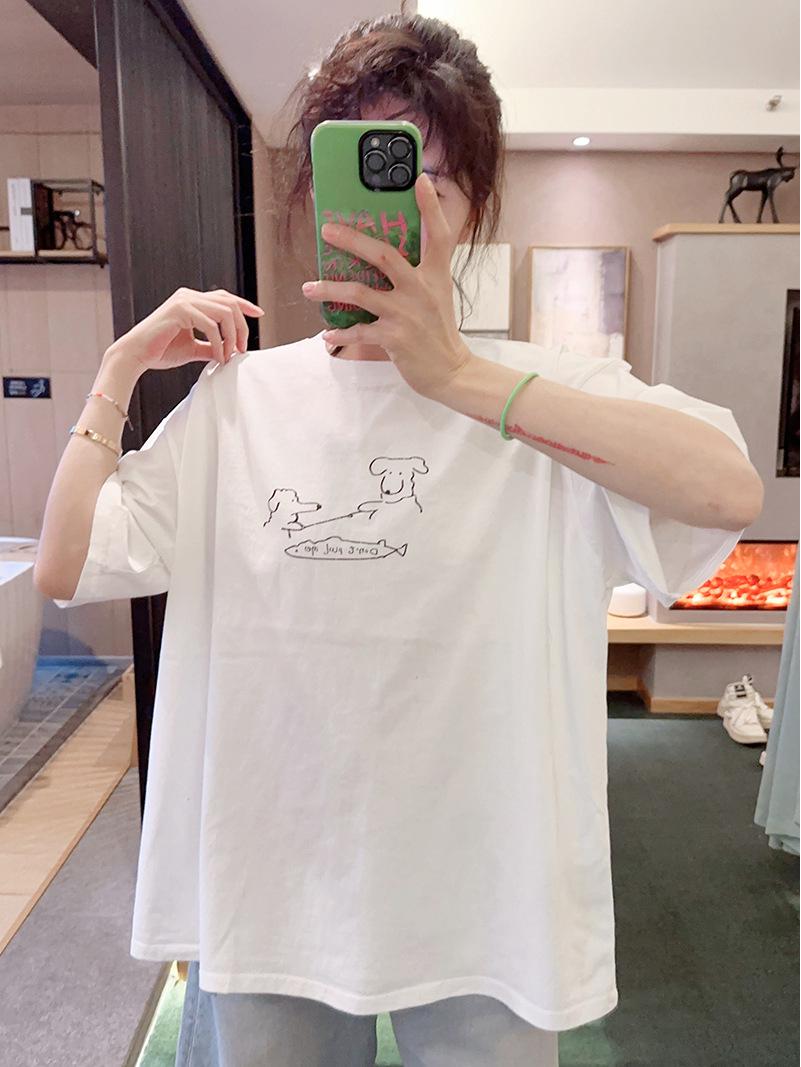 

Женская свободная футболка с коротким рукавом из чистого хлопка с корейским мультяшным принтом щенка - Весенне-летний трендовый стиль M