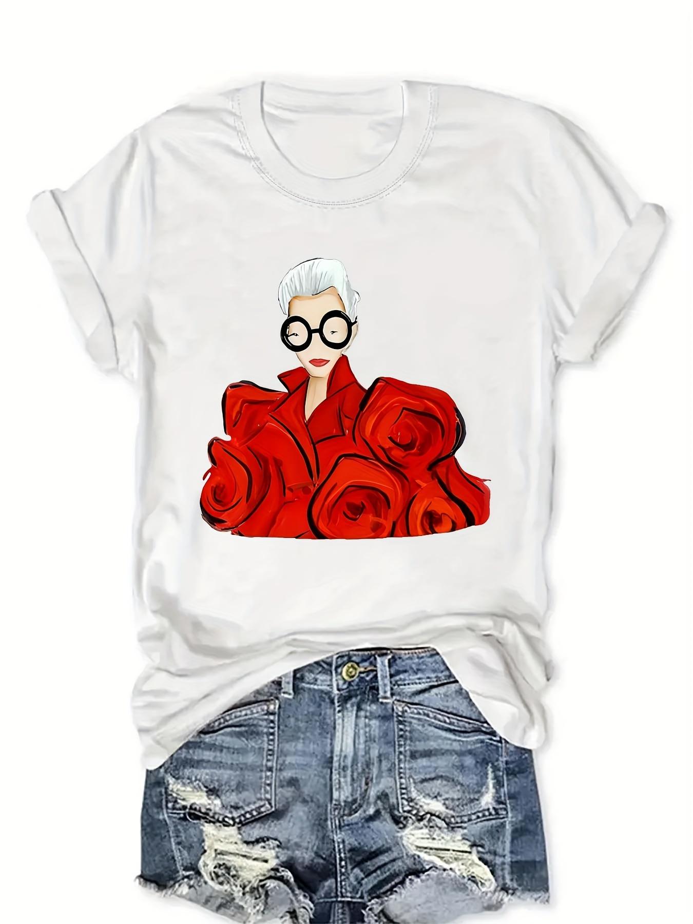 

Women S Floral Graphic T-Shirt Casual Crew Neck Short Sleeve Top Polyester Knit Fabric Regular Length Elastane S