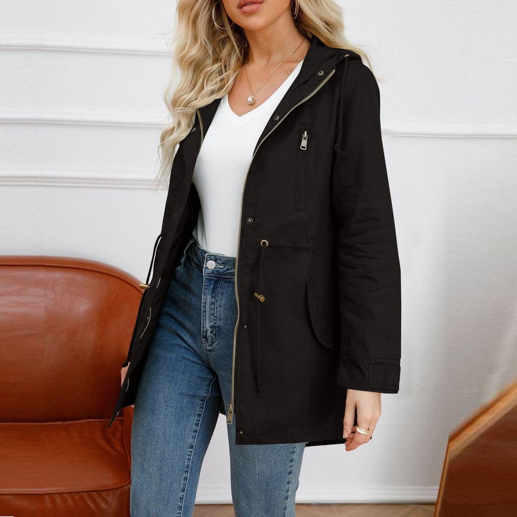 Women's Cotton Loose Hooded Trench Coat Spring And Autumn Coat