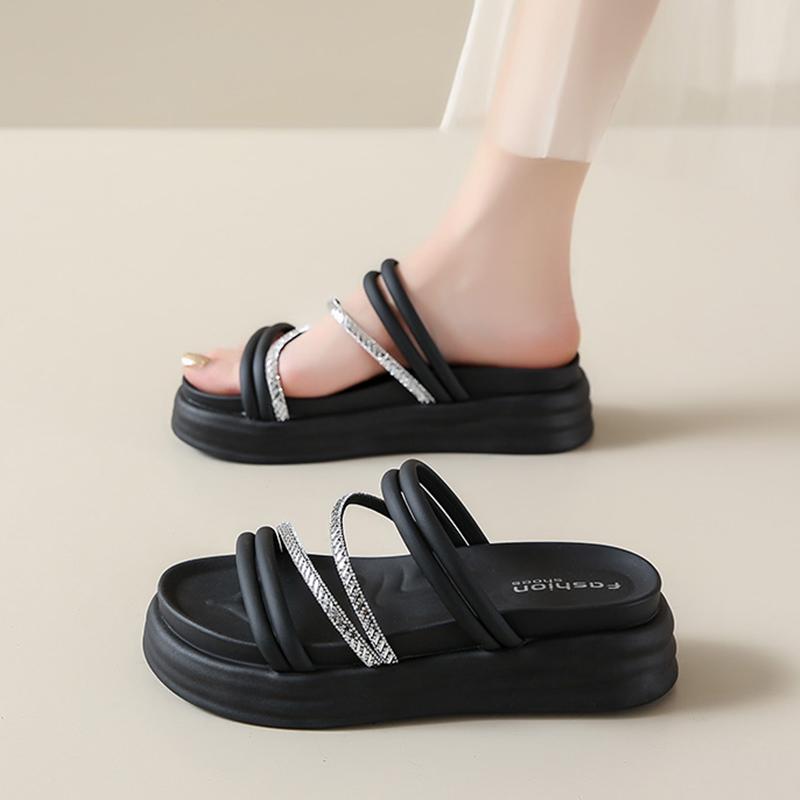 CRLAYDK Sandals for Women Platform Shoes Summer Comfortable Dressy Ladies Strap Rhinestone Slides Leather Beach Casual Slippers
