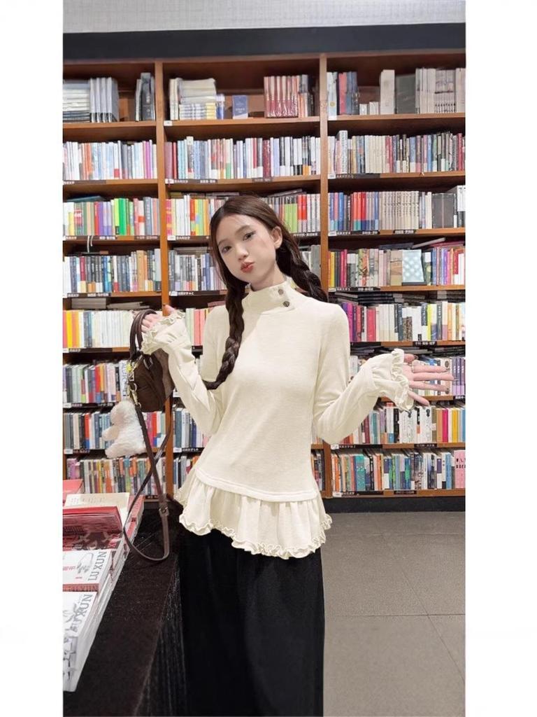 Women's Sweet Ruffle Long Sleeve High Neck Base Layer, 2025 Autumn/Winter Slimming Top