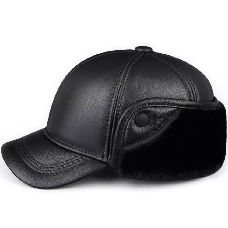 Men's Winter Genuine Leather Hat with Ear Protection and Fleece Lining - Warm Thickened Cowhide Lei Feng Style Cap for Outdoor Use