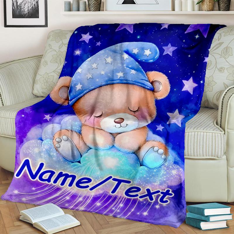 1PC Custom Name "Sleepy Bear Dreamscape" outdooor Flannel blankets Throw Blanket All-Season Throw Gift Bedspread for Couch, Bed, Camping Holiday Birth