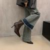 French retro brown square head short boots high heels women's autumn and winter new with skirt thin boots and bare boots women's boots
