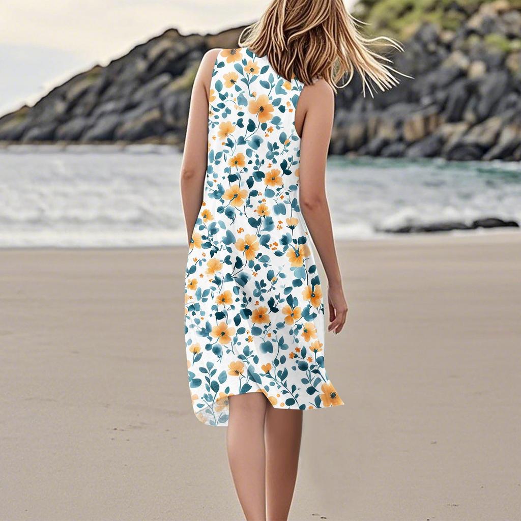 Print Dresses For Women Loose Beach Vacation Casual Sleeveless Sundresses With Pockets Tank Dress
