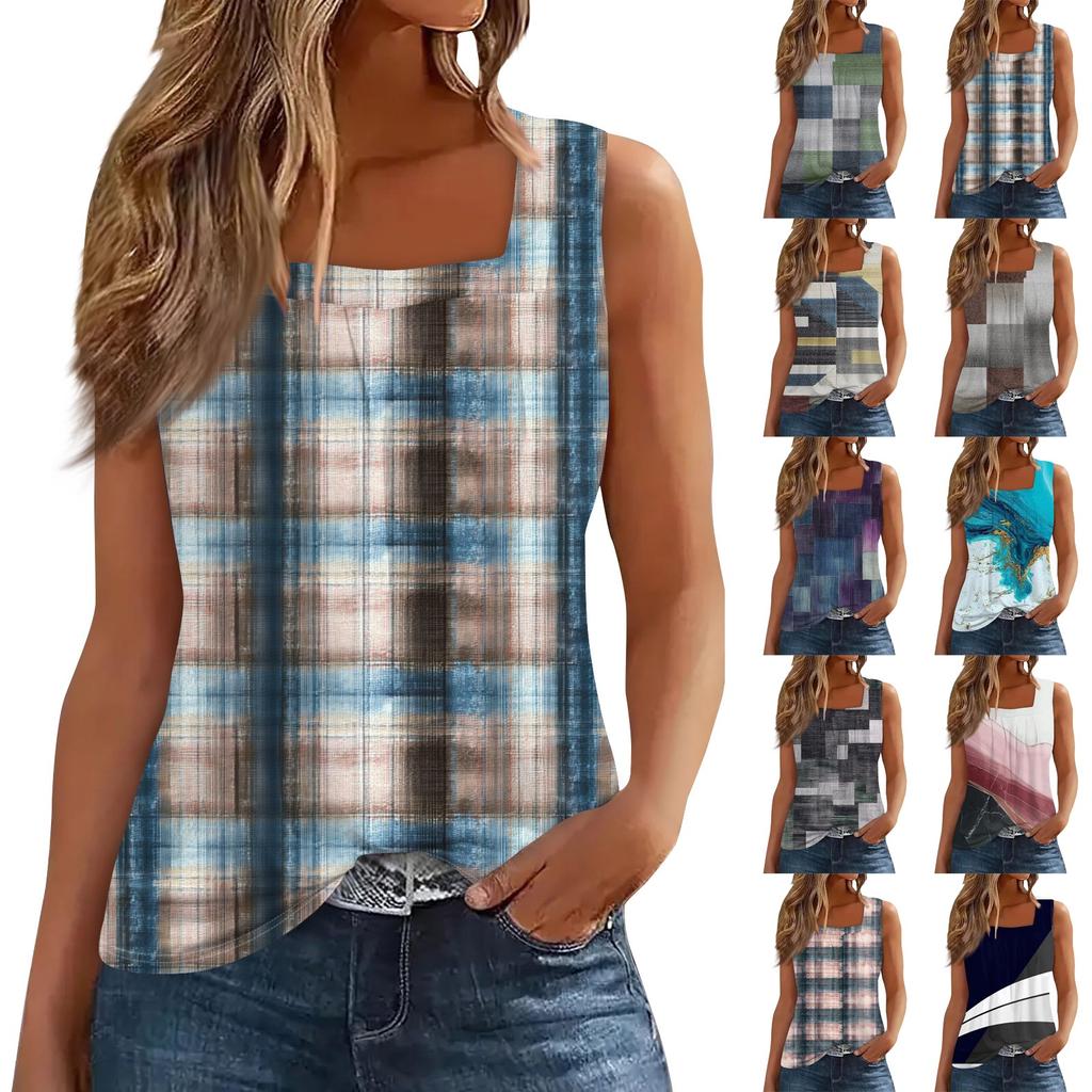 Ärmelloses Tanktop mit plissiertem, quadratischem Ausschnitt und Pflanzendruck für Damen