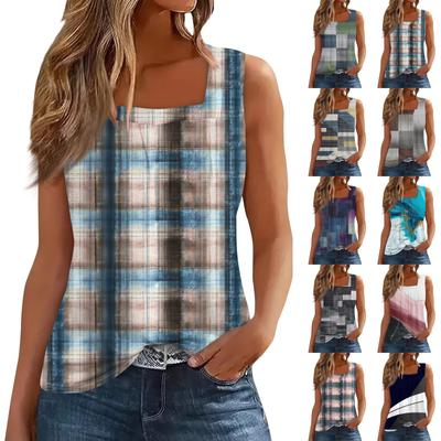 Women's Pleated Square Neck Sleeveless Tank Top Plant Print T-Shirt