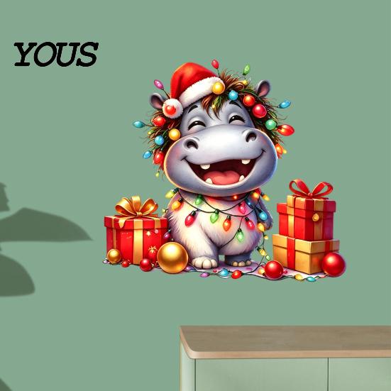 Self Adhesive Bathroom Glass Film Cartoon Hippo Christmas Wall Decal, Cute Sticker with Colorful Lights & Decorative Stickers for Balcony Xmas Balls,