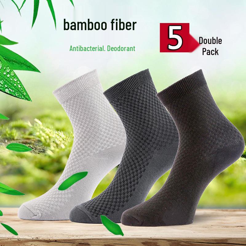 Men's Bamboo Fiber Mid-Calf Business Socks - Breathable, Double-Needle, Four Seasons Style