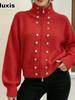 Solid Color Chunky Double Button Stand Collar Zip-Up Knit Cardigan Coat Autumn New Fashion Top