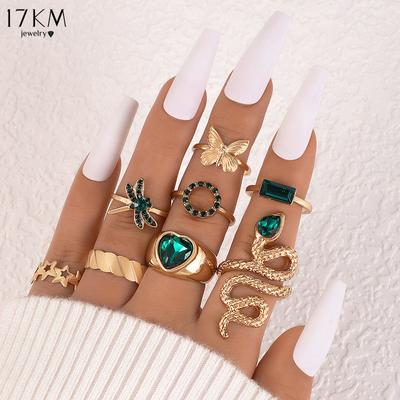 8pcs Green Butterfly Star Ring Set, Heart-shaped Snake Shaped Dragonfly Zircon Ring Set for Women, The Best Gift for Friends