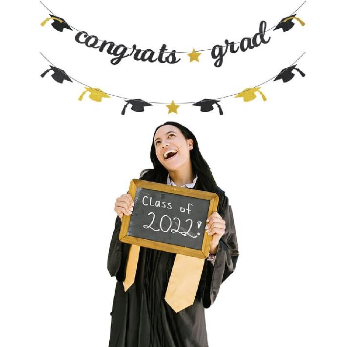 Congrats Grad Glitter Banner 2025 Graduation Congratulations Party Decorations Black Gold