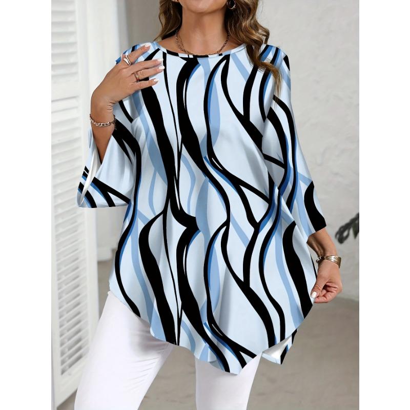 Women's Fashionable and Elegant Asymmetric Hem Round Neck Casual Shirt