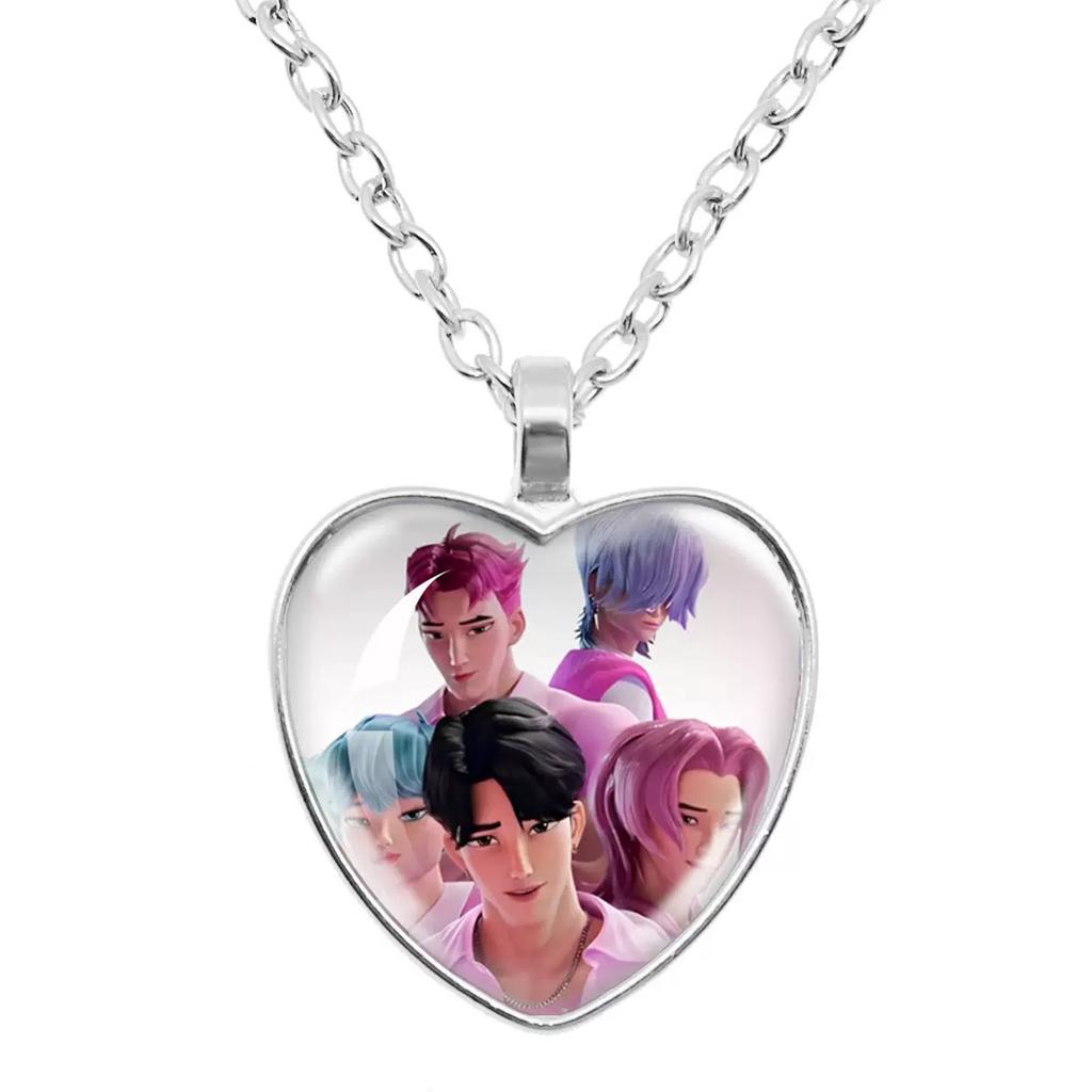 Kpop Demon Hunter Heart Shape Necklaces Idol Anime Pendant with Cartoon Character Pattern Fashion Idol Necklace Jewelry Gifts