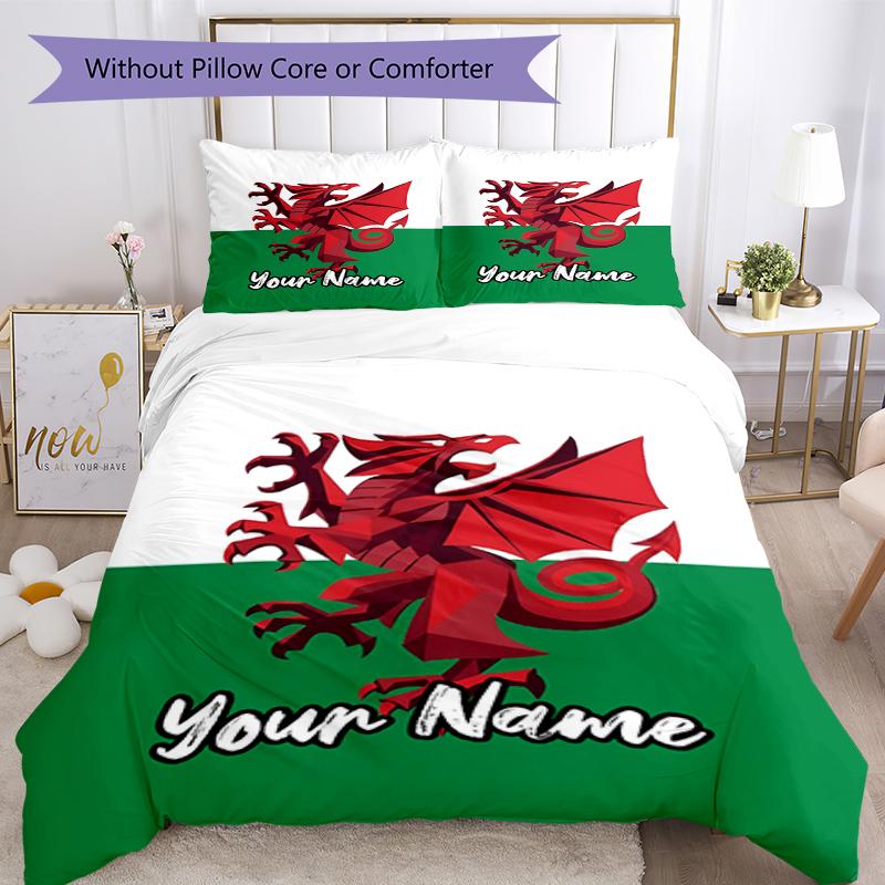 3pcs Custom Name Wales Bedding Set Duvet Cover Closure Includes 1 Duvet Cover & 2 Pillowcases, Soft and Comfortable for All Seasons.