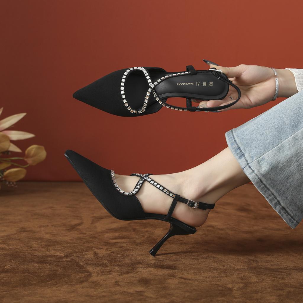 Baotou Pointed Single Shoes Women's Design Sense Niche, New Suede Rhinestone Word with High Heel Sandals Stiletto
