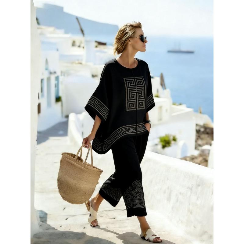 One wholesale, European and American style suit, summer loose round neck bat sleeve top, casual wide-leg pants two-piece set