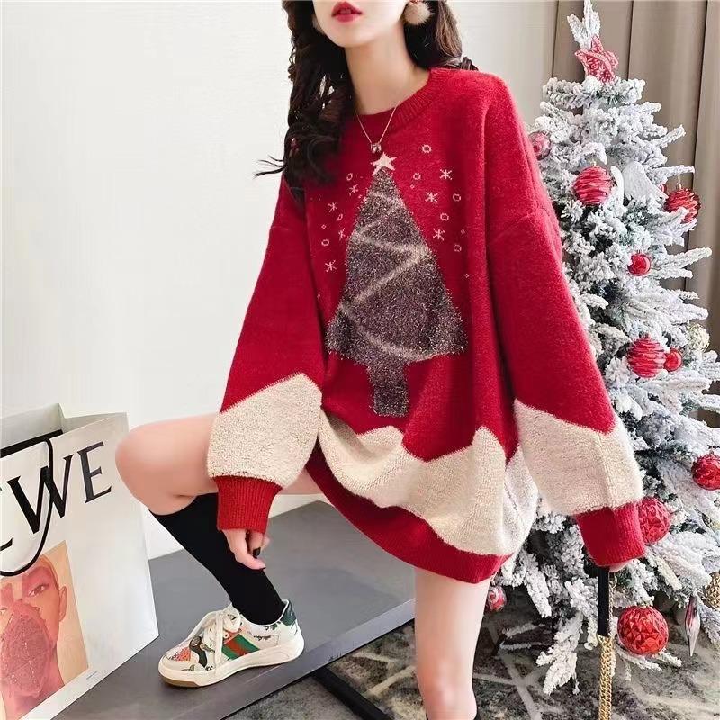 Wishing Tree Christmas Sweater Women's Autumn and Winter New Crew Neck Sweater Pullover Foreign Style Loose and Skinny Knitted Sweater Women