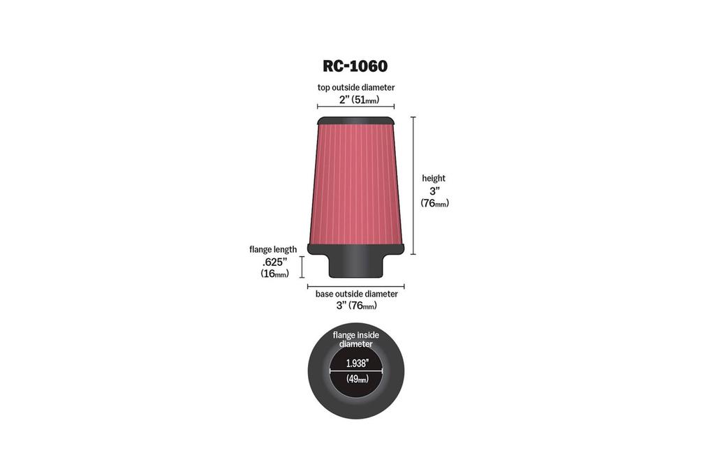 Custom Round with End Universal Fit K&N RC-1060 Filter, Taper, 49mm, Chrome-Plated Caps,