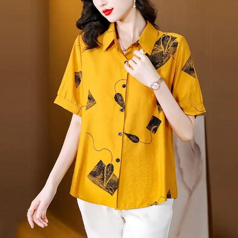 Spring and Summer Wide Lady's Shirt Printed Top Popular Retro Fashion Short-sleeved Women's Shirt Trend