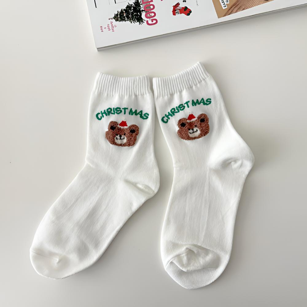 4Pairs Korean Christmas Socks Gift Set –  Winter Cozy Women’s Socks – Holiday Cute Gift Box – 3 Color Sets (Red / Beige / Blue Navy)