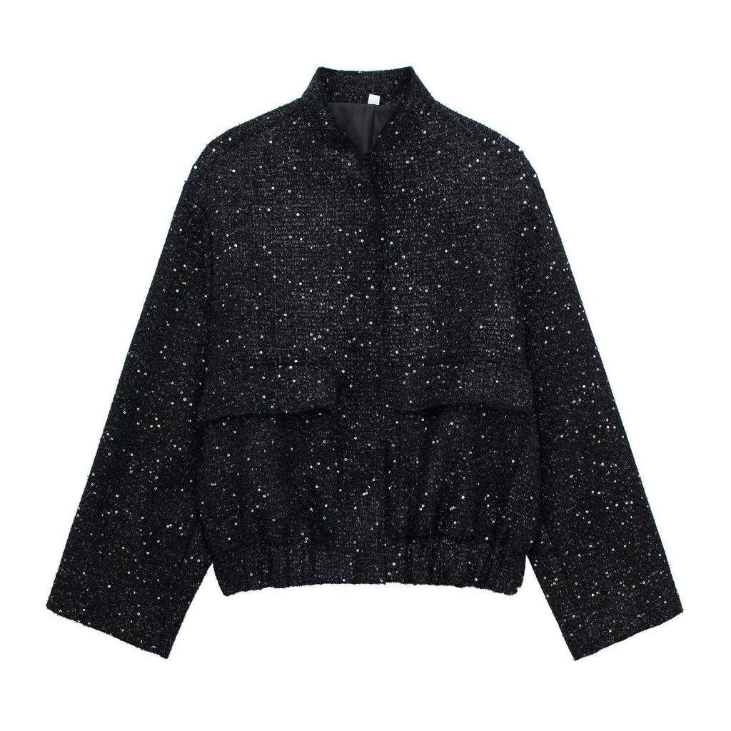 Autumn Sequins Golden Loose Jacket for Women Sparkle Long Sleeve Casual Bomber Jacket with Pockets Female Fashion Coats
