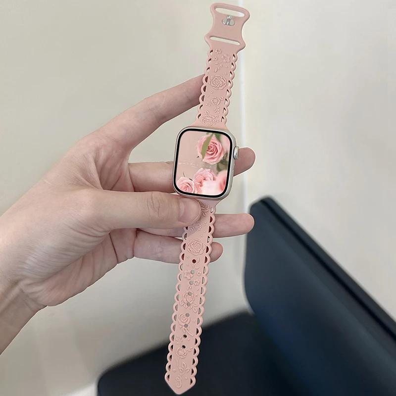 Y2k Trendiges Rosen-Relief-Silikonarmband für Apple Watch 10 9 8 7 6 5 4 3 2 Armband 44mm 45mm 46mm 49mm 42mm 40mm Uhrenarmband