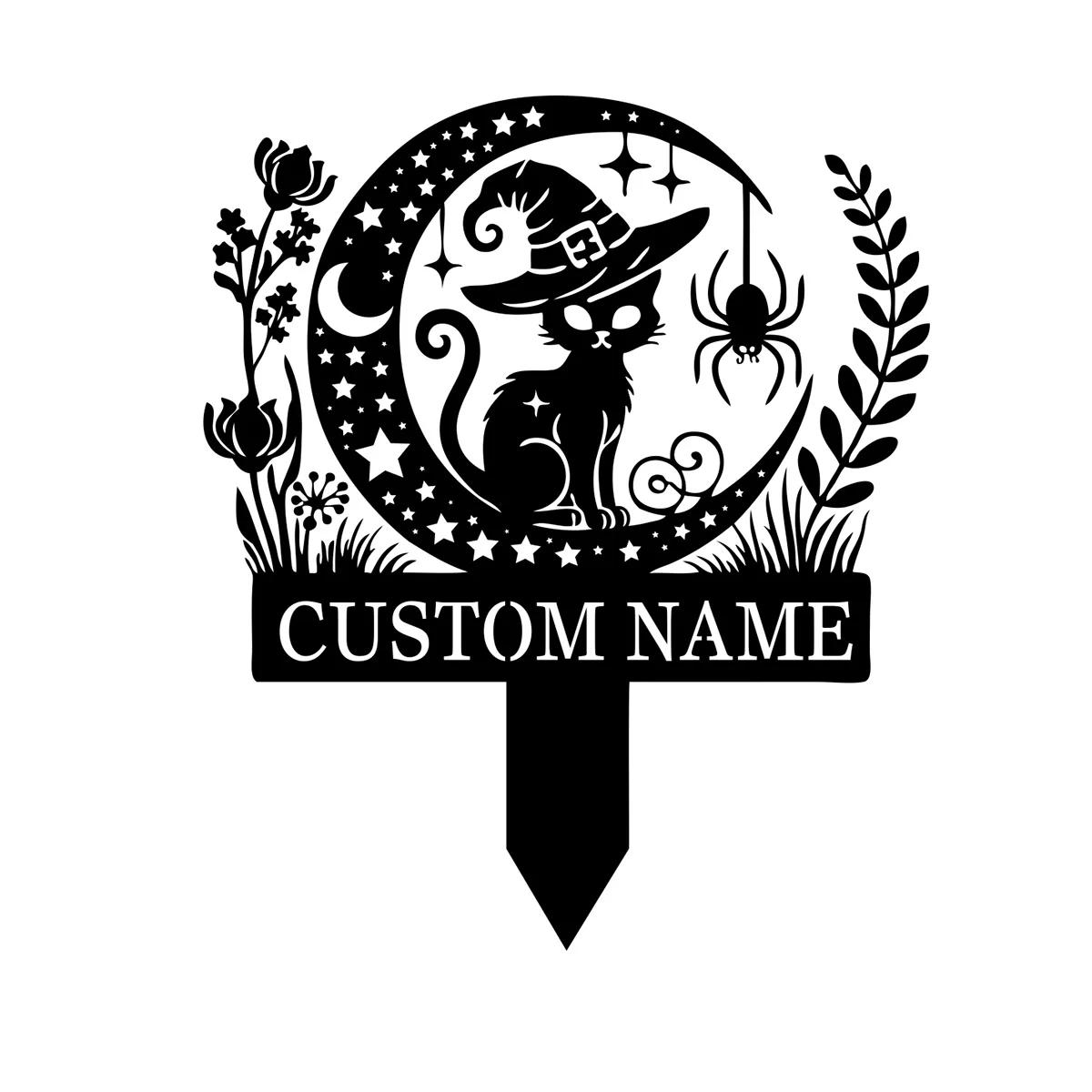 Metal Art Garden Stake Black Cat Halloween Decor Moon Witch Outdoor Ornament чёрный