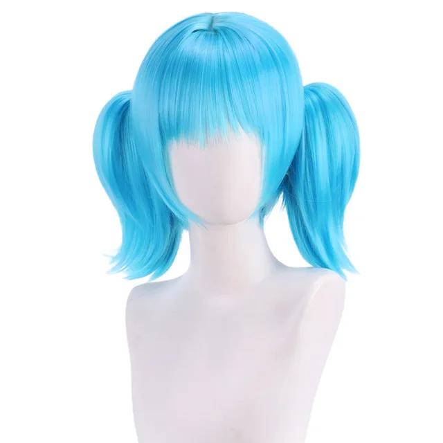 Peluca Azul para Cosplay de Sally Face, Cabello Corto de Anime, Sintética para Fiesta, 2 Coletas