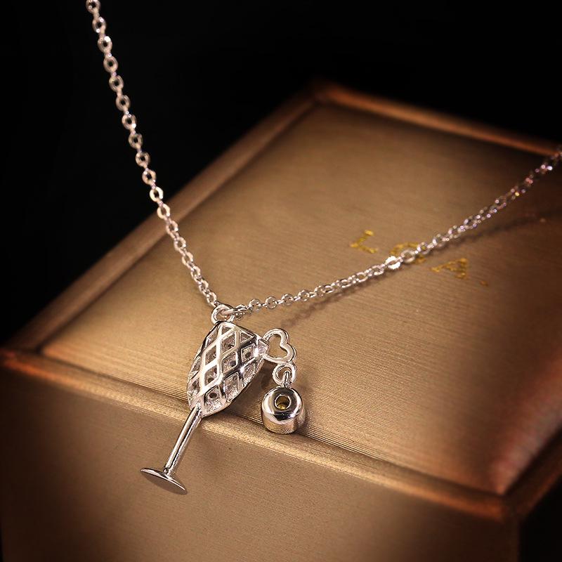 Simple 925 Sterling Silver White Zircon Clavicle Chain High Quality Crystal Wine Glass Pendant Necklace Female Engagement Party