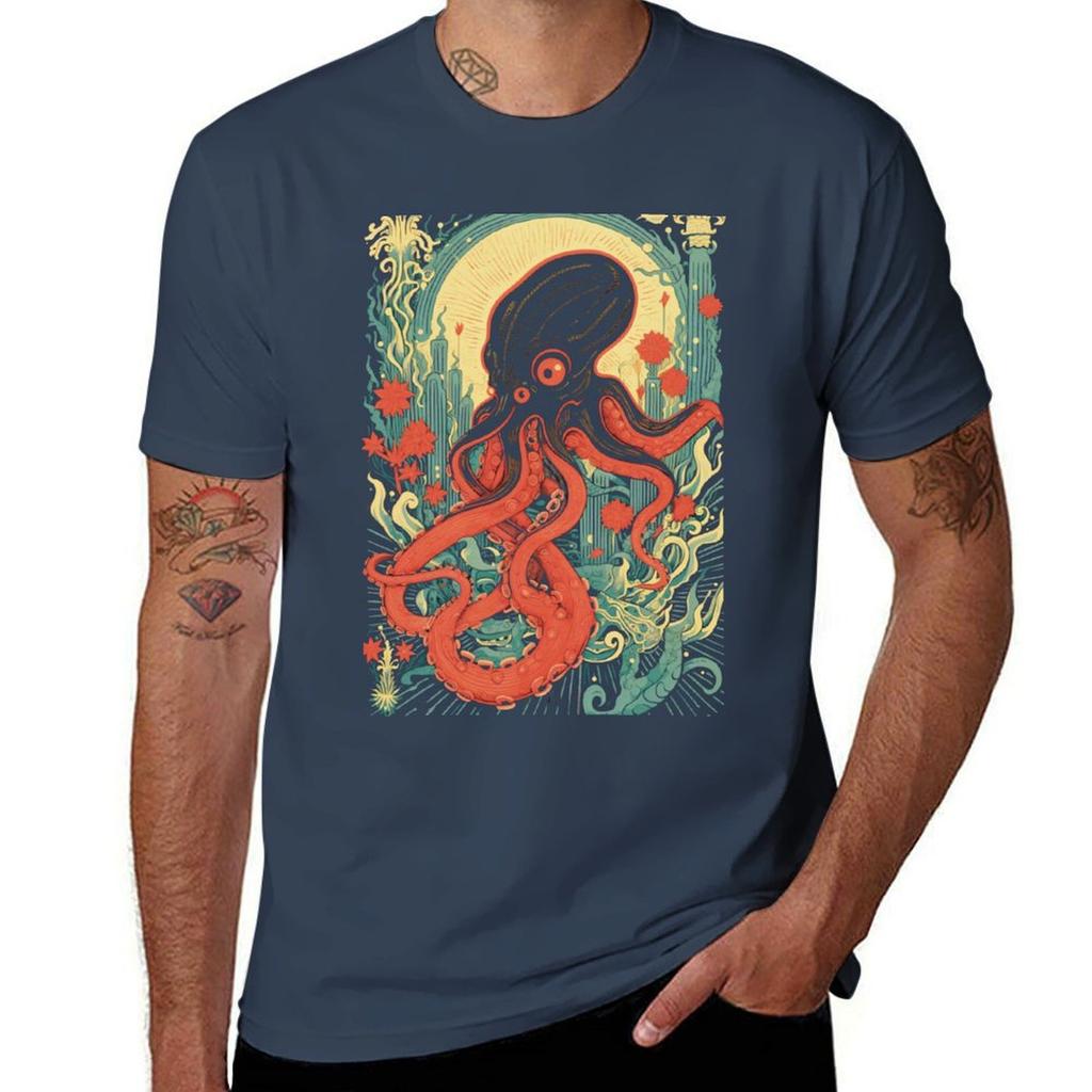Retro Giant Octopus In Atlantis Sea Art Tshirt Novelty Print Casual Tee Shirt