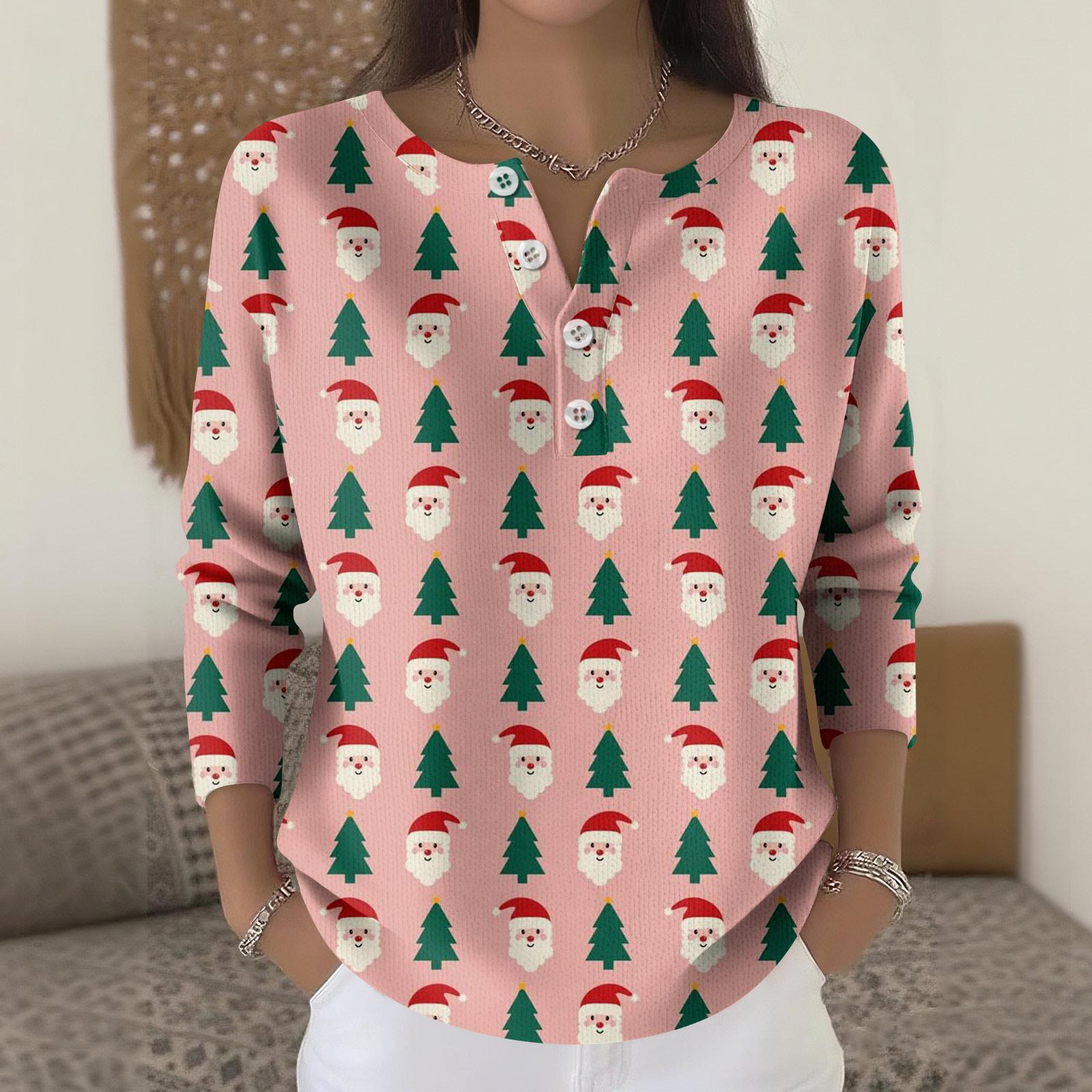 

Женская мода Топ с длинным рукавом и рождественским принтом в виде снежинок Элегантный повседневный топ L розовый