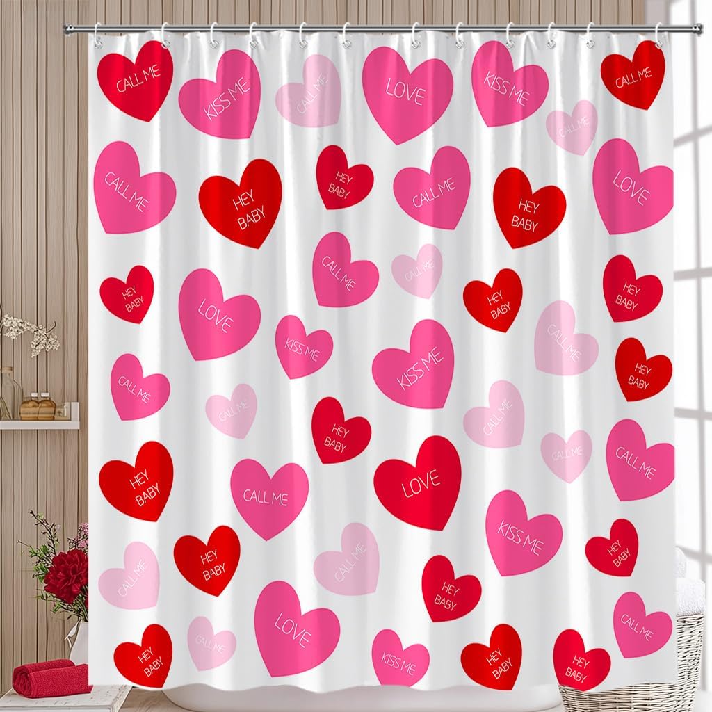 Valentines Shower Curtain Colorful Heart Love Sweet Romantic Couple Valentine's Theme Fabric Bathroom Curtain Set with Hooks