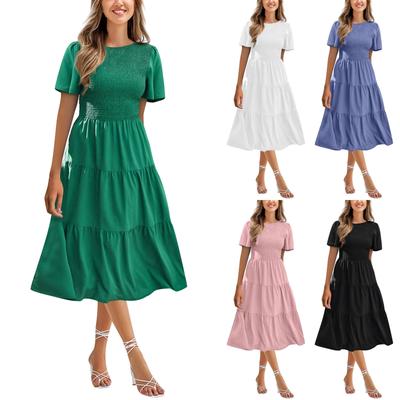 Women's Casual Summer Short Sleeve Midi Dress O-Neck Smocked Tiered A Line Flowy  Dresses