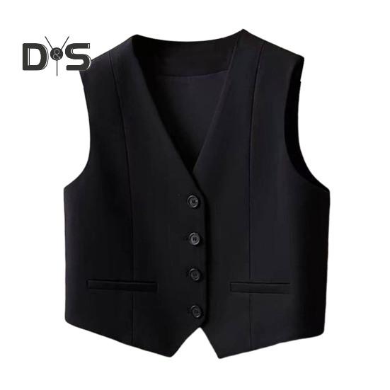 

Женский жилет без рукавов, однобортный жилет с V-образным вырезом, повседневный жилет, куртка на весну-лето S чёрный