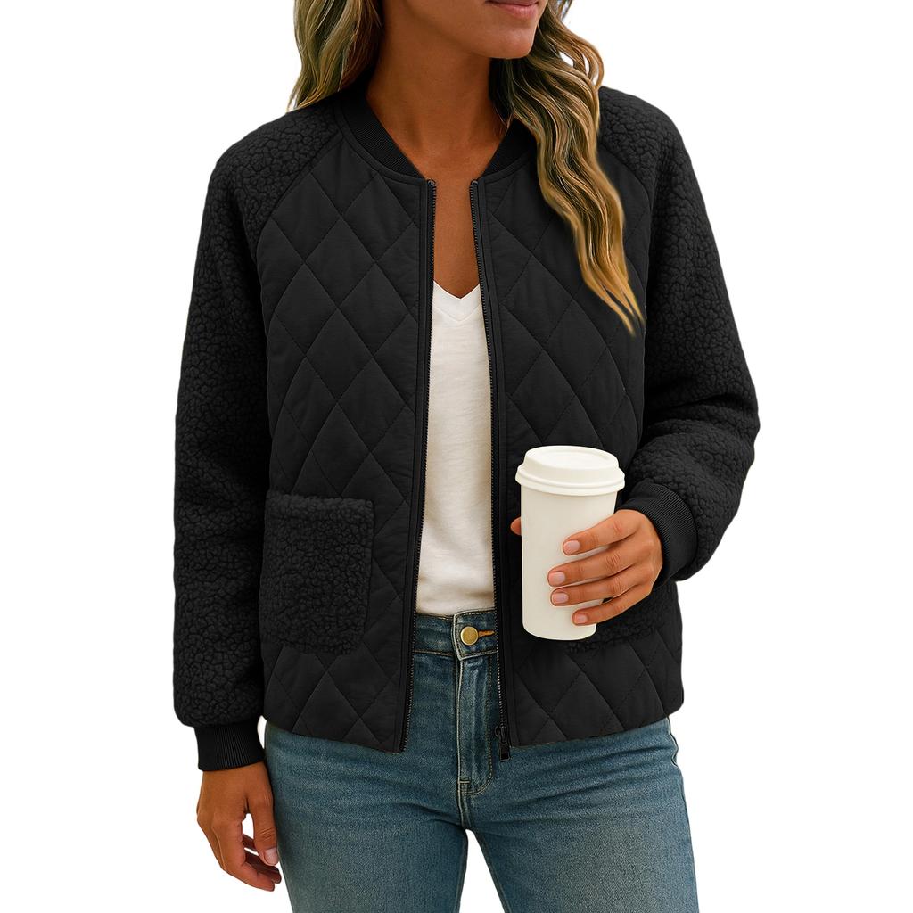 Women's Solid Color Long Sleeved Plaid Thickened BBaseball Jacket Jacket