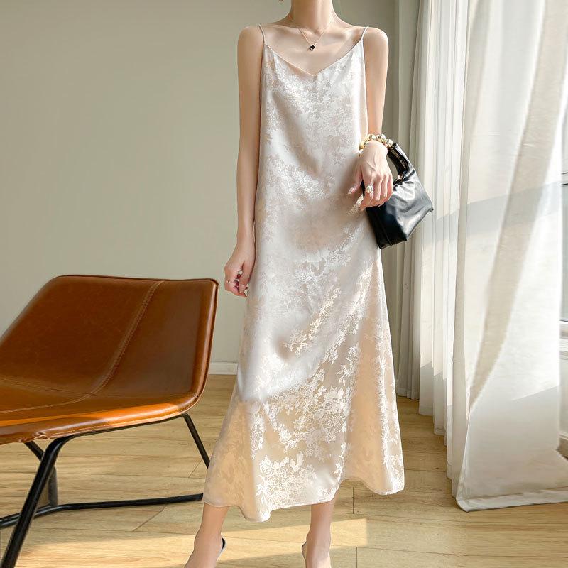 Damen Chinesischer Stil Satin Jacquard Maxikleid mit Spaghettiträgern