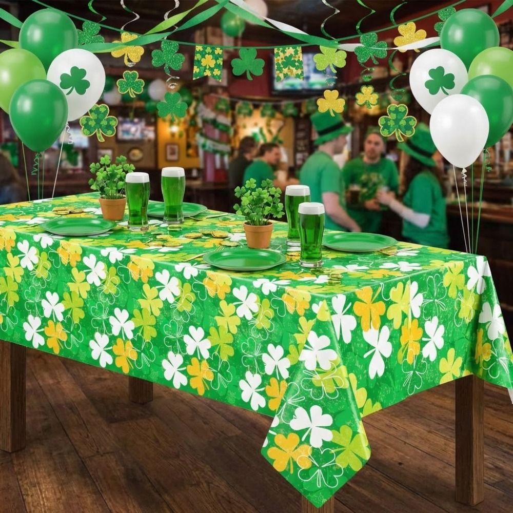137x274cm St. Patrick's Day Tablecloth Shamrock Lucky Table Mat Plastics Rectangle Shape Long Dining Table Decor