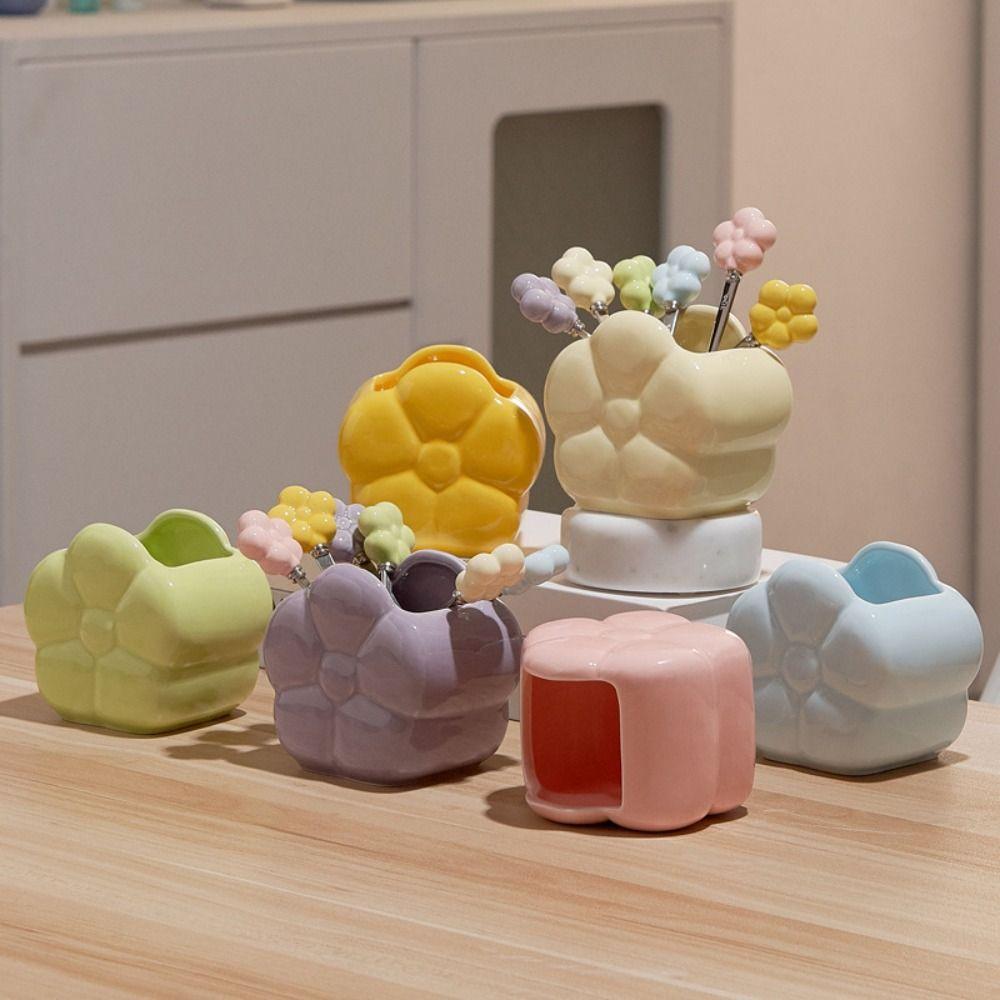 Multi-functional Ceramic Fruit Forks Receipt Jar Creative with Storage Can Flower Fruit Fork Set Home Decoration Cartoon