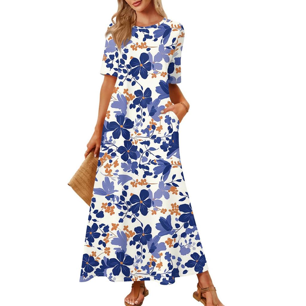 Damen Modischer Und Lässiger Langer Strandrock Rundhals Kurzärmelig Locker Retro-Print Kleid