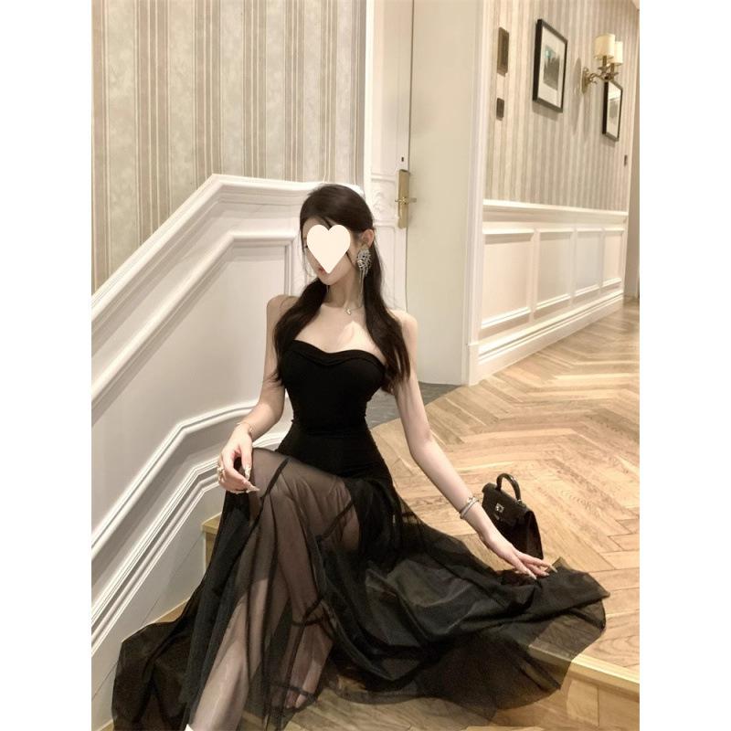 Temperament high-grade black Spice Girl mesh design tube top dress splicing backless summer new slim-fit medium and long dress