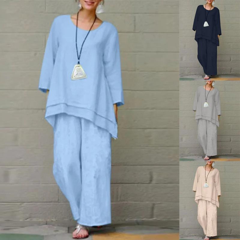 Women's Solid Vintage Pants Set Cotton Linen Casual Long Sleeve Loose Cotton Set
