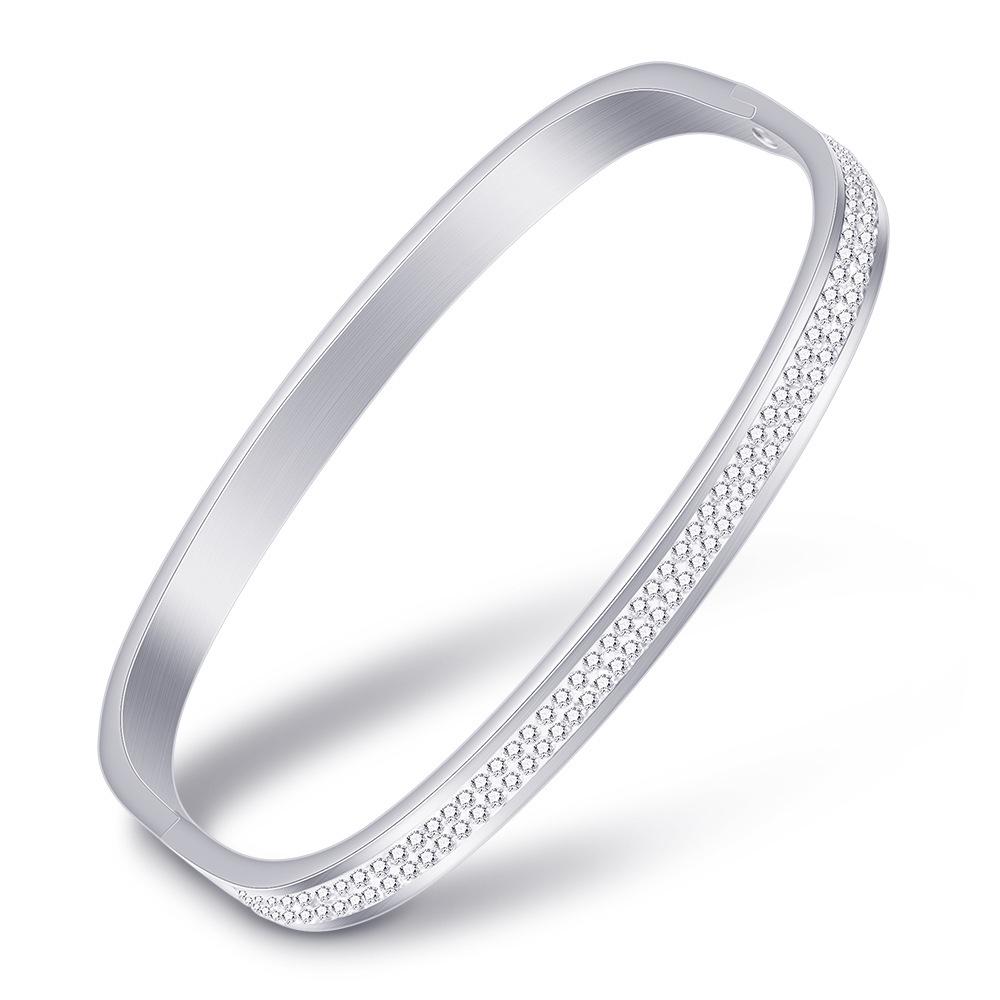 European & American Women s 6MM Open Geometric Titanium Steel Bracelet with Diamond-Studded Square Design
