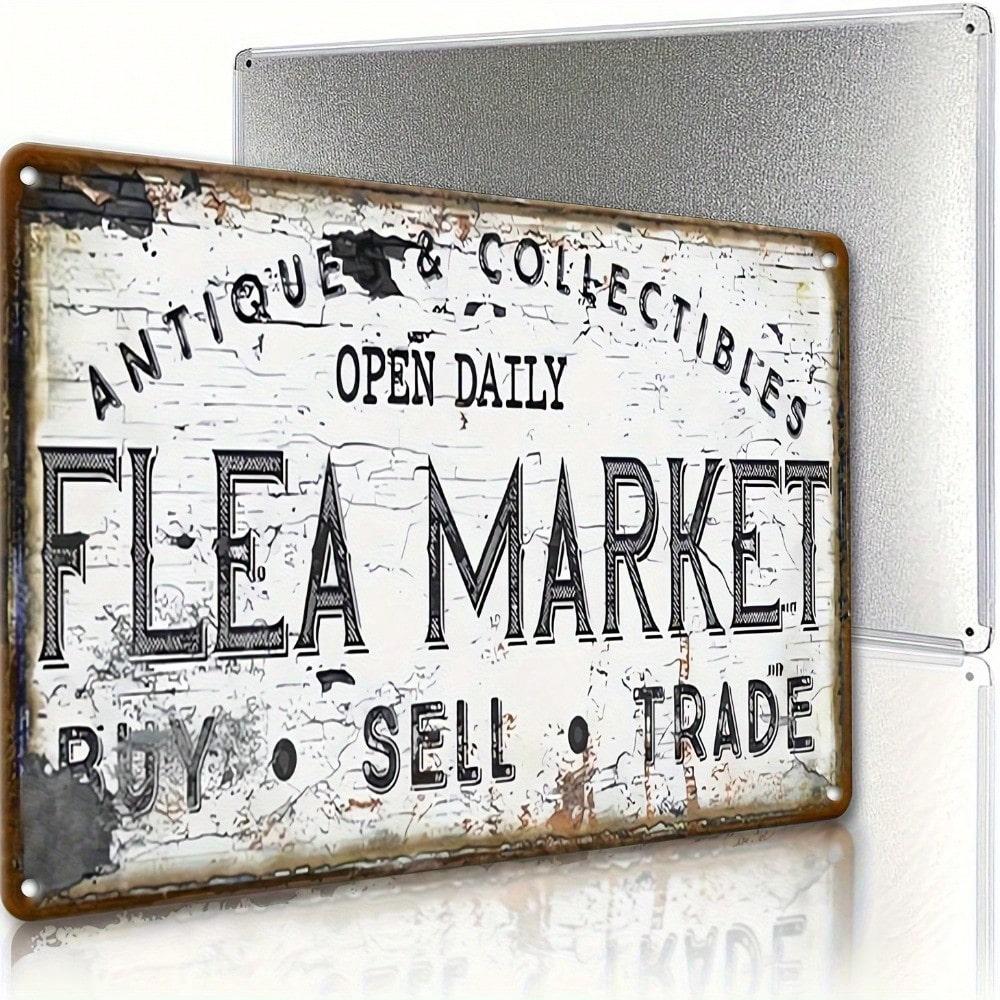 Retro Flea Market Metal Plaque, Vintage "Antiques & Collectibles" Decor, Home Art Accent for Thrift & Vintage Fans