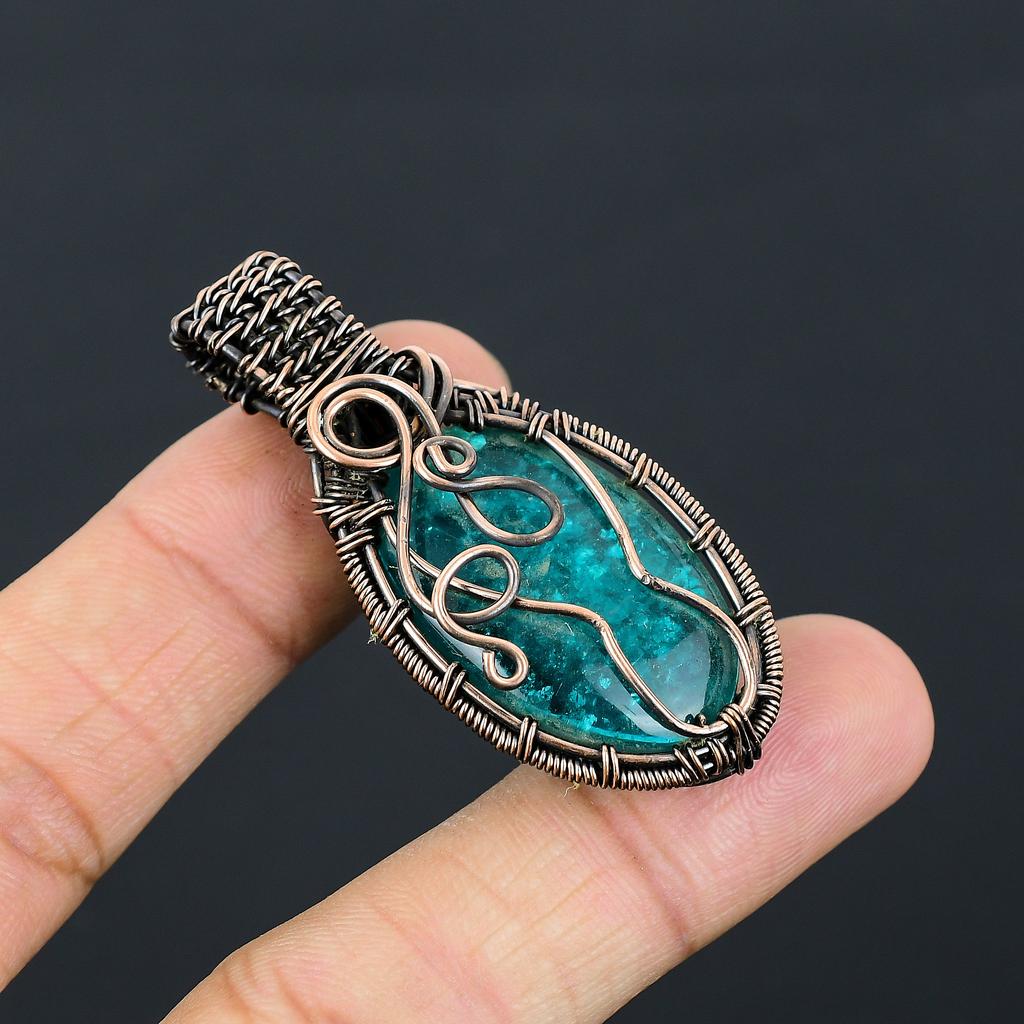 Natural Blue Baltic Amber Gemstone Handmade Copper Wire Wrap Pendant 2.56" H9y35