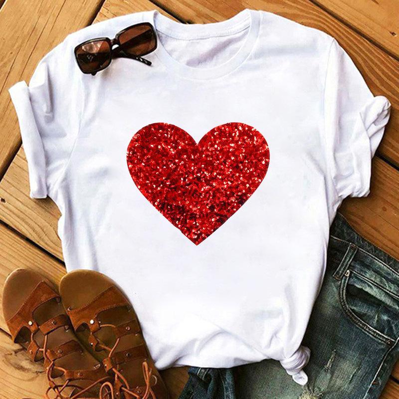 Fashion Kawaii Rose Flower Heart Graphic Women's T-Shirt Summer Loose Blouse 90S Short Sleeve O-Neck Tees Ladies White Y2K Tops
